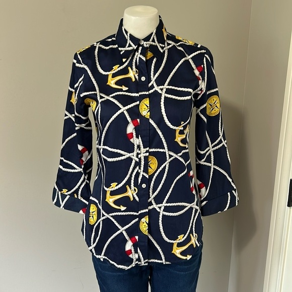 Lauren Ralph Lauren Nautical Anchor Sailing Blouse Button Down Shirt Top XS NEW - Picture 2 of 11